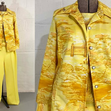 Vintage Yellow Mod Pantsuit Jacket Dagger Collar Long Sleeve Pants Shirt Separates Sportables Medium 1970s 