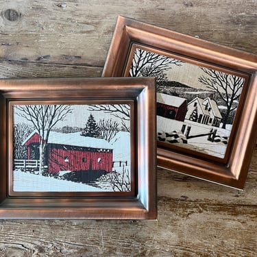 Winter Scene Barn Art, Country Landscape Texture Art, Farmhouse Wall Decor, Set of 2 