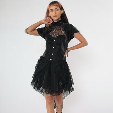 Vintage Y2K Black Lace Dress Gothic Corset Sweetheart Illusion Neckline Party Asymmetrical Hem Tiered Going Out Gothic Rave 00s Small S 