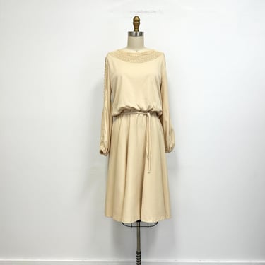 Vintage 70s  Belted Dress | Long Sleeve Cream Polyester with Macrame Like Trim | Size 14 