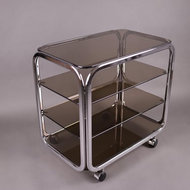 1980s Smoked Glass Side Table | Chrome Rolling Table | Vintage German Design Furniture | Mid-Century Modern Coffee Table 
