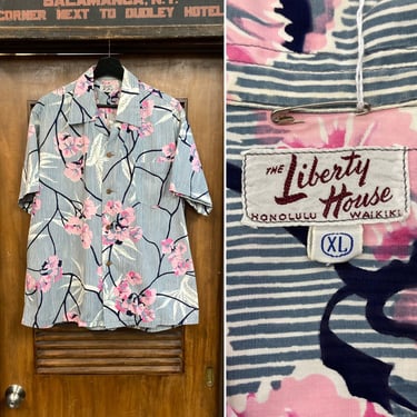 Vintage 1950’s Size XL “Liberty House” Cotton Floral Tiki Hawaiian Shirt, 50’s Loop Collar, Vintage Clothing 
