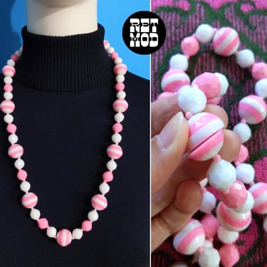 Unique Mod Vintage 60s 70s Bubblegum Pink & White Stripe Long Beaded Chunky Statement Necklace 