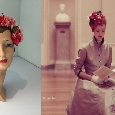 Bloomin in the Museum - Vintage 1950s Tonal Carnations & Grape Floral Garden Caplet Hat 