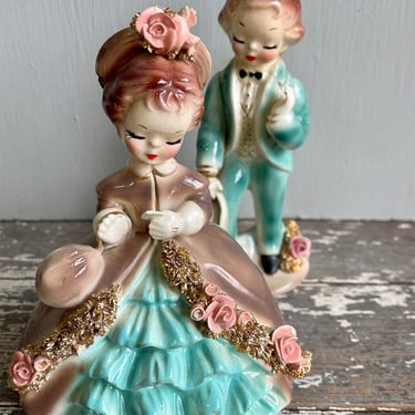 Rare Josef Originals Set of Two Morning Noon and Night Gabrielle and Andre Made in California 1940s 1950s Porcelain Figurines Dolls Guilded 