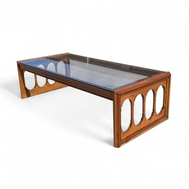 Mid Century Glass Top Coffee Table – Rectangular Walnut Finish Cocktail Table with Arched Spindle Sides, Vintage Furniture 
