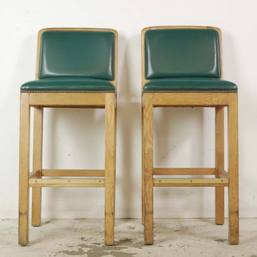 Pair of Belmont Wood Bar Stools with Green Vinyl Upholstery