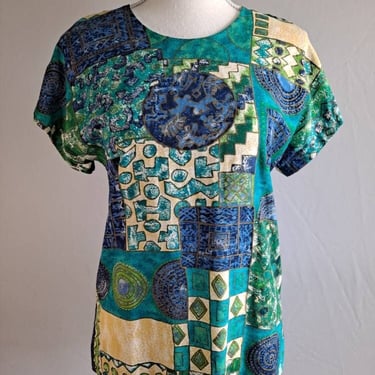 Vintage 1990's Short Sleeve Lightweight Requirements Teal Tribal Blouse Small 