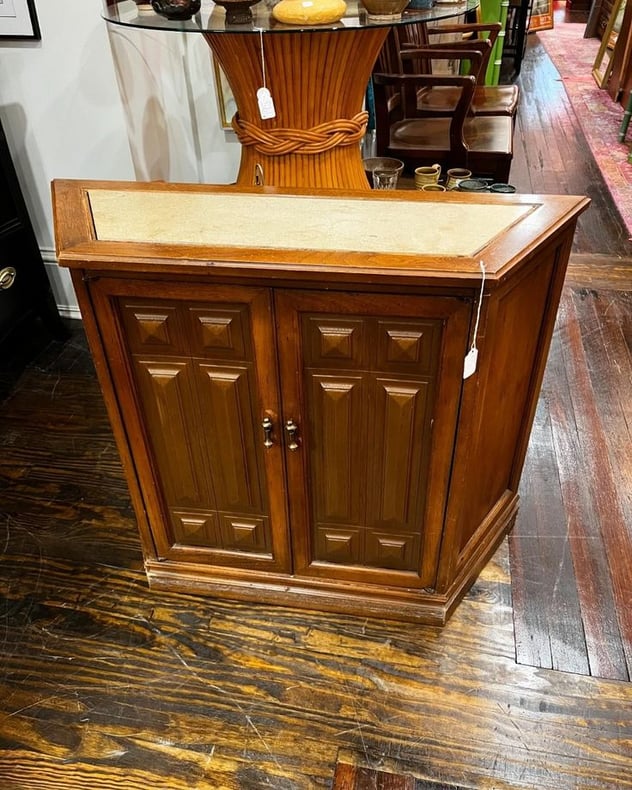 Petite marble top console cabinet. 36” x 12.5” x 29.25” 