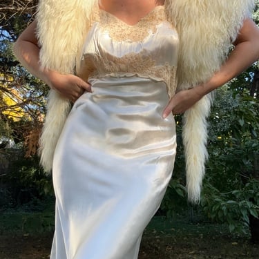 Vintage 1930s Liquid Satin and Lace Bias Cut White Slip Dress Gown Medium by TimeBa