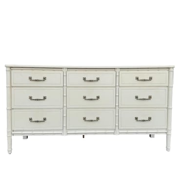 Faux Bamboo Dresser with 9 Drawers - Vintage White Henry Link Style Hollywood Regency Palm Beach Coastal Chinoiserie Credenza Furniture 