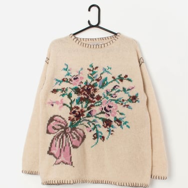 Vintage Laura Ashley knitted wool jumper with large floral bouquet design - Medium 