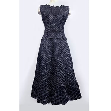 50s Black RAFFIA Dress SET Vintage Blouse Top & Full Circle Skirt 1950's Party Evening Dress Rockabilly Mid Century 