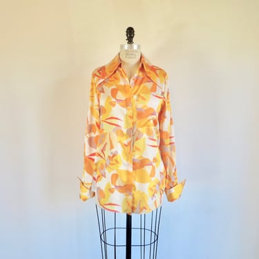 Acler Orange Yellow Satin Abstract Watercolor Print Shirt Pointed Collar Long Sleeves French Cuffs Spring Summer Australian Designer Medium 