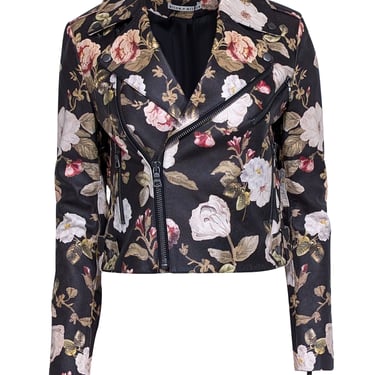 Alice & Olivia - Washed Black Floral Print Cropped Moto Jacket Sz S