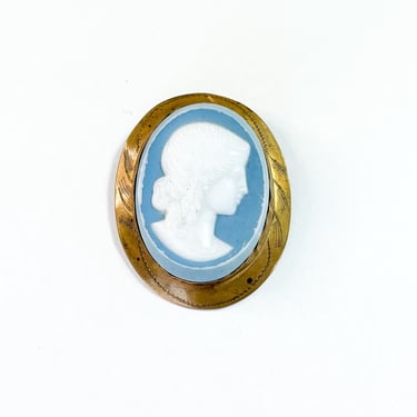 1930s White & Blue Glass Cameo | 30s Blue White Brass Cameo 