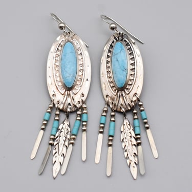 90's sterling turquoise Southwestern Silver Cloud dangles, SC 925 silver feathers & paddles earrings 