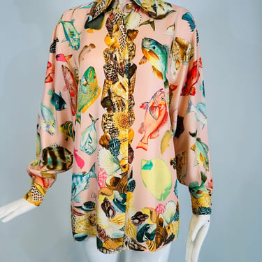 Gucci S/S 1992 Runway Pink Silk Twill Fish &amp; Sea Shells Oversize Shirt/Tunic 42