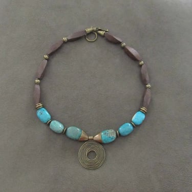 Turquoise necklace, mid century modern wooden necklace, tribal ethnic necklace, unique statement necklace, primitive bronze 