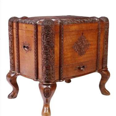 Antique South Asian Colonial Carved Camphor Wood Table Box / Jewelry Casket,  Early 20th Century, British Ceylon Sri Lanka Anglo-Indian 