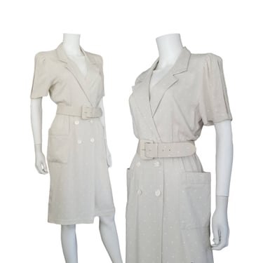 Vintage Button Dress, Medium Large / 80s Surplice Button Dress / Short Sleeve Belted Office Dress / Neutral Beige Pleated Polka Dot Dress 