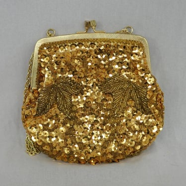 Vintage Gold Evening Bag Purse - Beads and Sequins - Leaf Design - Handmade in Hong Kong 