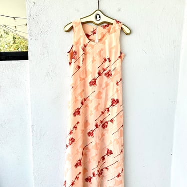 Vintage 70s Rose Nylon Dress 1970s Floral Maxi Dress 