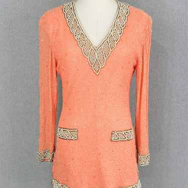 Local Celebrity  - Beaded Sequined - Pearl - Coral/ Peach - Tunic - Estimated size S 