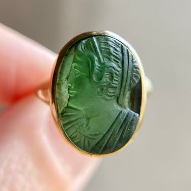 Antique 14K Gold Carved Green Tourmaline Cameo Ring Sz 5 4.6g Edwardian Art Deco 