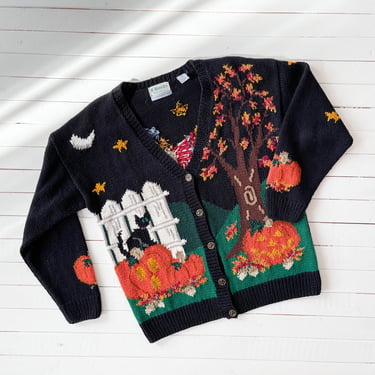 country scenic cardigan | 90s vintage Halloween Americana hand knit black cat pumpkin scarecrow fall autumn granny cottagecore sweater 
