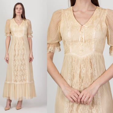 60s Nu-Mode Lace Prairie Gown - Extra Small | Vintage Ecru Nude Puff Sleeve Boho Maxi Gown 