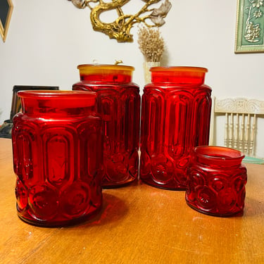 LE Smith Moon Star Jars Set of 4 Red Mid Century Glass 