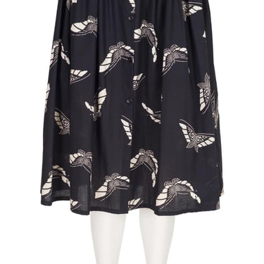 Cacharel 1970s Vintage Butterfly Print Black Cotton Midi Skirt 