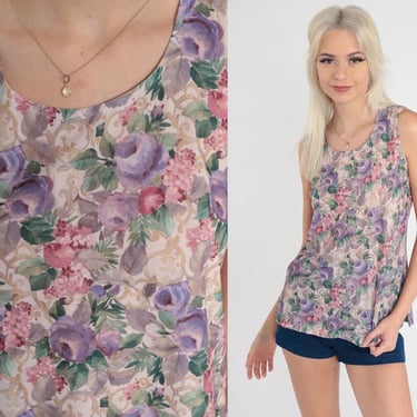 Floral Tank Top 80s Purple Watercolor Shirt Wildflower Print Shirt Sleeveless Top Flower Blouse Round Neckline 1980s Vintage Small S 