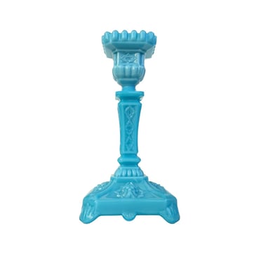 Vintage Blue Milk Glass Candlestick, Ornate Blue Single Candle Holder, Victorian Style Cottagecore Decor 
