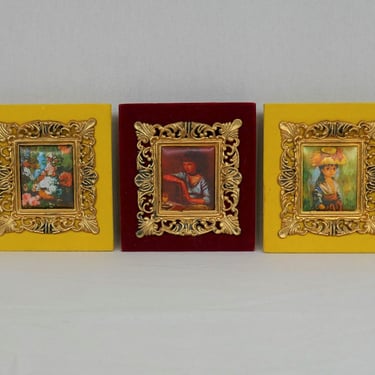 Set of 3 Printed Fabric Cushioned Art Pieces in Velvety Frames - Girls & Floral - Yellow Dark Red - Vintage Wall Art - 4.5