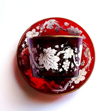 Fine Antique 19th C Enameled Ruby Red Glass Bowl & Under Plate Bohemian Biedermeier? 