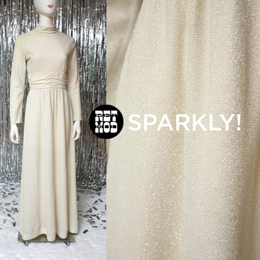 SPARKLY Magical Vintage 60s 70s Slightly Off-White Glittery Lurex Long Sleeve Maxi Dress 