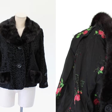 SALE - 1950s Persian Lamb Fur Mink Collar Coat - 50s Vintage Boxy Single Breasted Fur Trimmed Jacket - Large 