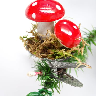 Vintage German Spun Cotton Mushroom Clip On Christmas Tree Ornament, Antique Hand Painted Feather Tree Decor, Germany 