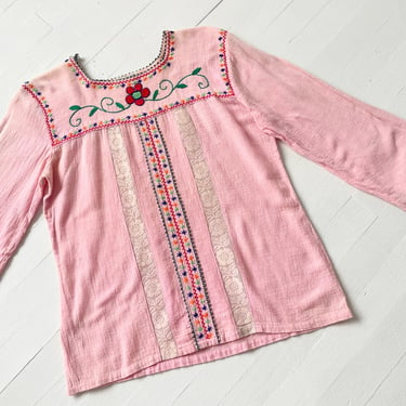 1970s Embroidered Pink Gauze Top 