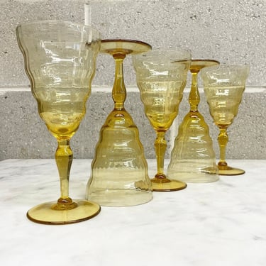 Vintage Water Glasses Retro 1920s RARE + Utility Glassworks + Mandalay Dine + Amber + Set of 5 + Wine Glasses + Art Deco + Barware 
