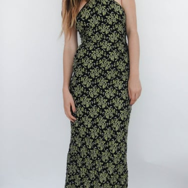 SALE Vintage 80s Textured Black and Gold Halter Maxi Dress 