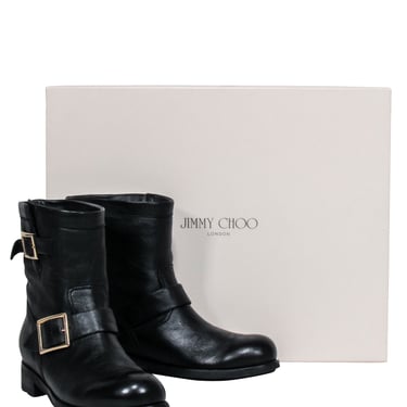 Jimmy Choo - Black Leather Ankle Buckle Short Boots Sz 7.5