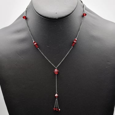 70's sterling dark red crystal Gothic fringe Y necklace, edgy MS Co oxidized 925 silver glass bicones necklace 