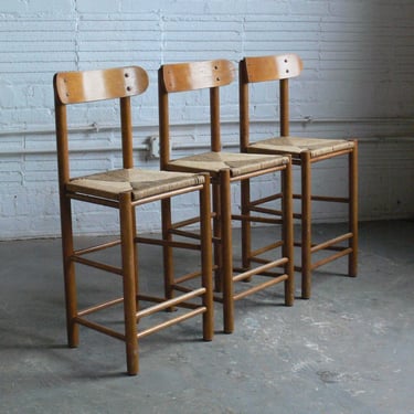 Vintage Danish Attributed Oak & Paper Cord Stools In the Manner of Borge Mogensen (Set of 3) 