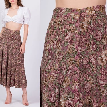 90s Express Floral Grunge Midi Skirt - Medium | Vintage High Waist Button Up Boho A Line Flowy Skirt 