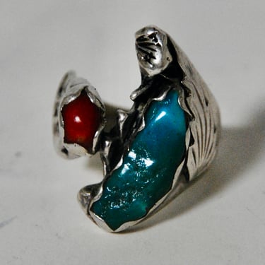 Ray Nieto Zuni Ring &#8211; sterling, turquoise &#038; red coral