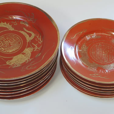 Antique Japanese Hand Painted Dinnerware Asian Plates Set Japan Ceramics Dragonware Orange Gold Plate Oriental Wabi Sabi plate set 