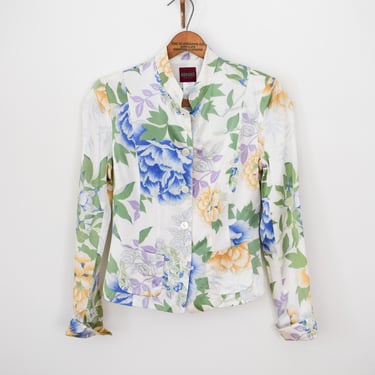 Vintage Kenzo Floral Print Satin Jacket | XXS/XS | 1990s / Y2K White Satin Jacket with Floral Design 